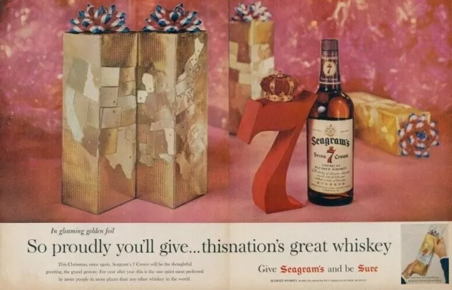 1959 Seagrams 7 Crown Whiskey Vintage Print Ad US Map Gift Gold Box Bow LO2