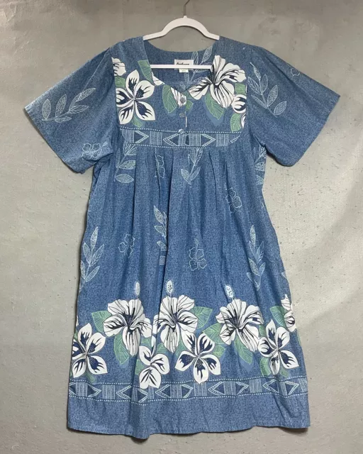 ANTHONY RICHARDS MUUMUU House Dress Womens Large Blue Floral Pockets ...
