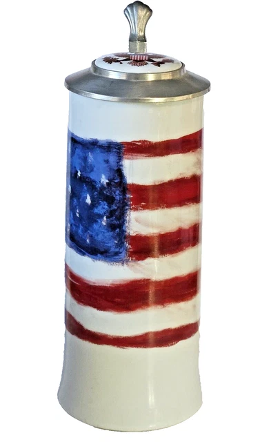 Patriotic Stars & Strip Flag Eagle aLWe Ceramic Lidded Stein 9 3/4" Tall