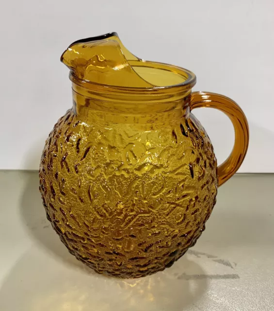 Vintage Anchor Hocking Milano Amber Pitcher Carafe Crackle Crinkle Pattern MCM