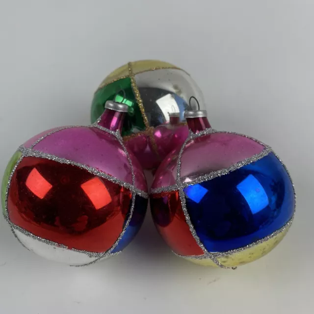 Vintage Glass Christmas Tree Ornaments Lot Of 3 Silver Glitter Multicolor