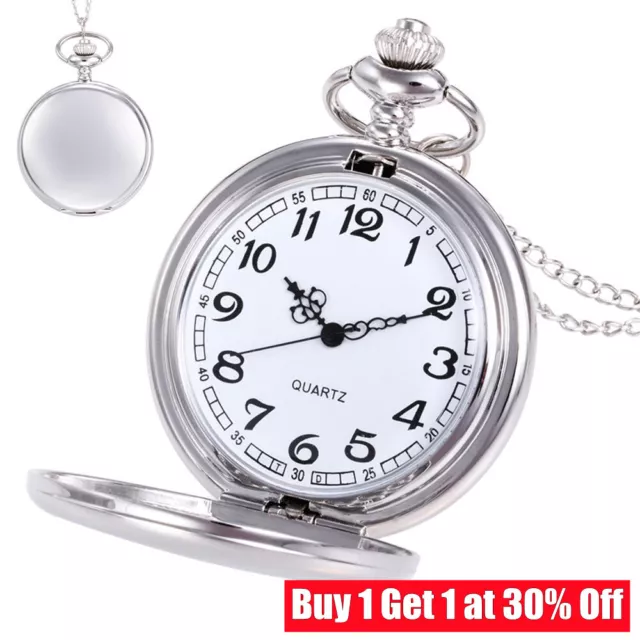 Vintage Pocket Watch Quartz Pendant with Chain Classic Silver Fob Watches Unisex