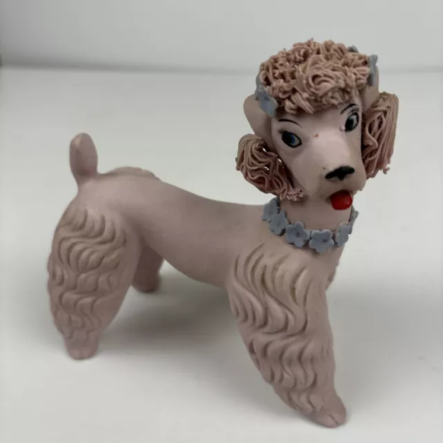 Vintage Pink Poodle Ceramic Bisque Blue Flowers Spaghetti 5" 50’s Kitsch