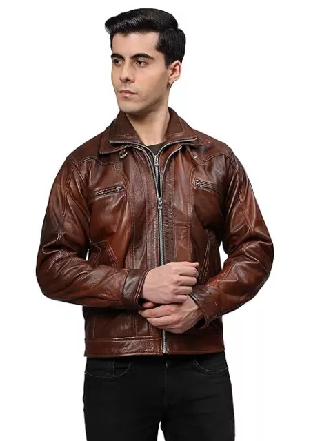 CHARMSHILP Memphis Bomber Chaqueta de Cuero Genuino Marrón Hombre Motero Moto