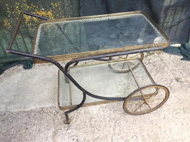 Carrello Porta Vivande Porta Bottiglie In Legno Ottone  Da Bar Ristorante 1960