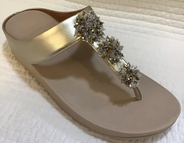 Fitflop Nib Galaxy Sparkling Bead Cluster Platino Gold Toe Thong Size 9