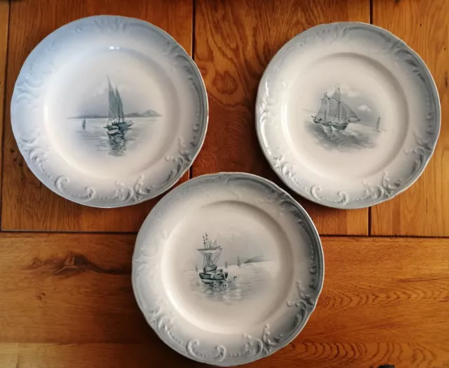 Lot 3 assiettes dessert Saint Amand Hamage décors bateaux XIX° siècle