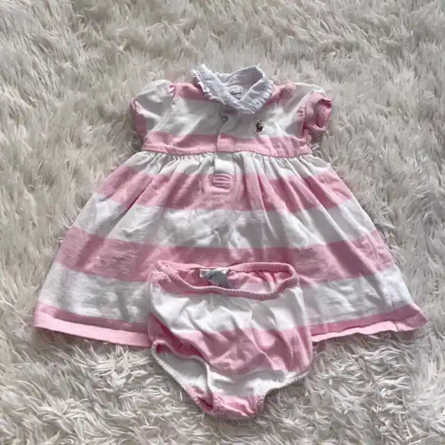 Ralph Lauren Striped Rugby Polo Dress & Shorts Set Pink White Baby Girl 9 Month