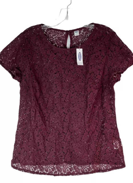 NWT Old Navy Short Sleeve Burgundy Lace Sheer Blouse Top Size Medium