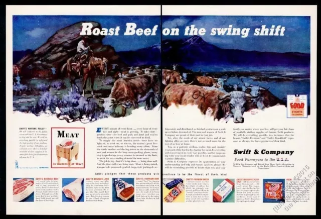 1943 cowboy horse cow cattle drive night art Swift & Co vintage print ad