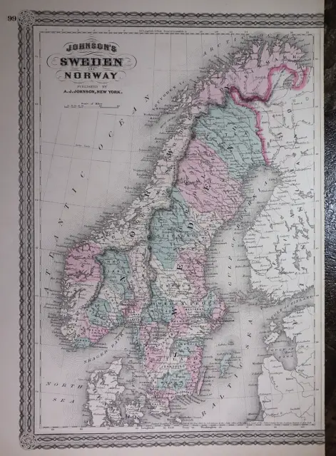 Old Antique 1872 A.J. Johnson Atlas Map ~ SWEDEN - NORWAY ~ (LG13x18)  -#1022