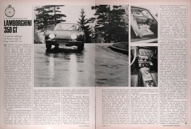 1966 LAMBORGHINI 350 GT Lot of (2) Genuine ROAD TESTS W/specs ~ FREE SHIPPING