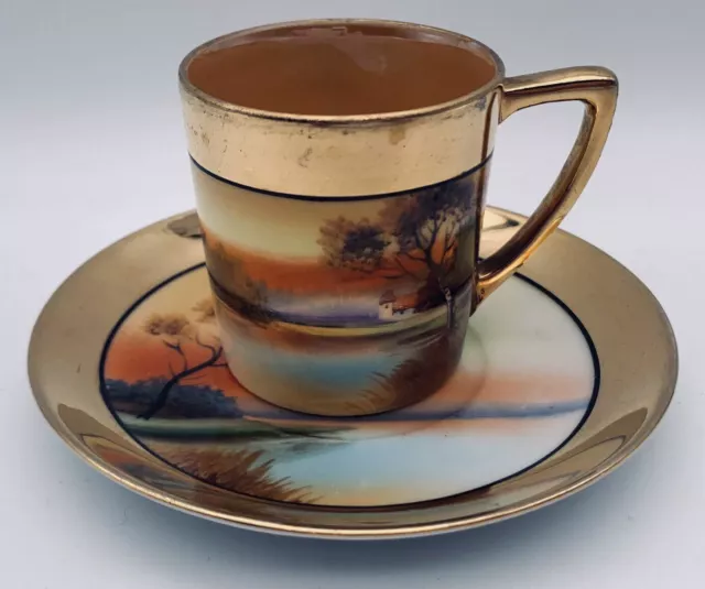 Noritake Handpainted Demitasse Cup & Saucer Trees Lake Sunset Scene Gilded Japan