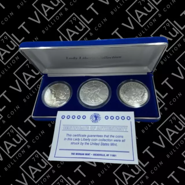 Lady Liberty Coin Collection '96 Eagle, '21 S Morgan, '22 S Peace - vaultbc