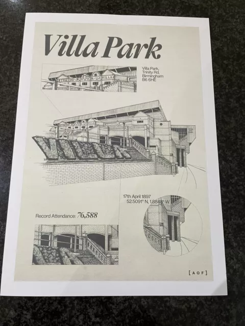 Aston Villa Art Of Football Print - Villa Park Drawing A4 On Card - New