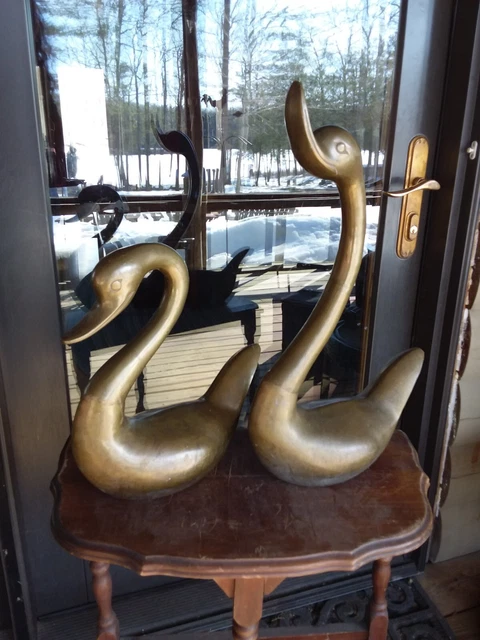 Vintage Brass Swan Goose geese Duck Figure Large 20” & 13" MCM Decor Statue
