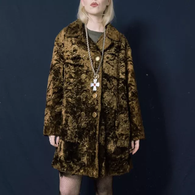 VINTAGE 60s 70s BROWN FAUX FUR TEDDY PENNY LANE COAT