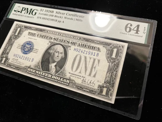 1928 B $1 Silver Certificate Funnyback PMG 64 EPQ PPQ Currency FR1602 3