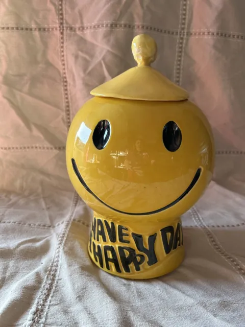 Vintage McCoy USA Pottery Smiley Face Cookie Jar Have A Happy Day With Lid