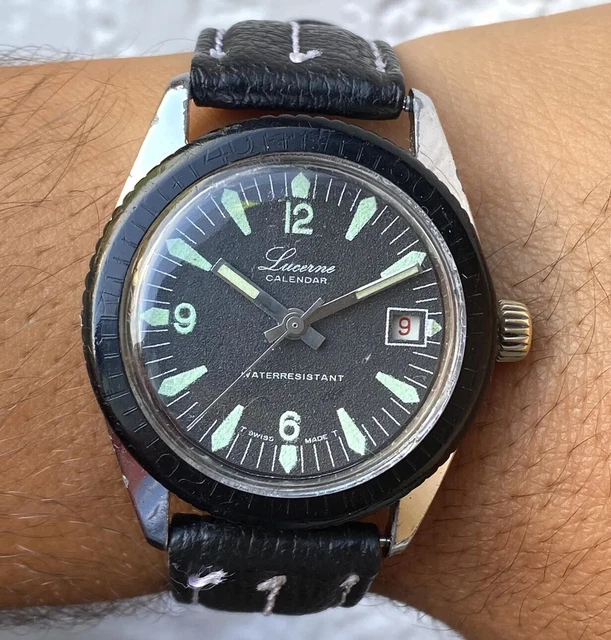 LUCERNE CALENDAR SKIN diver Watch Vintage Sub Swiss Made Watch Black Dial 5  ATM $150.00 - PicClick
