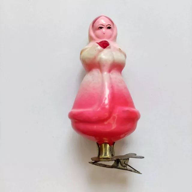 Antique Vintage USSR Soviet Glass Xmas Christmas Ornament - Girl on clip