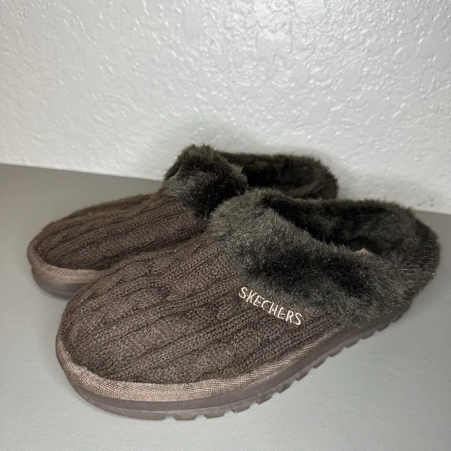 Skechers Keepsakes Postage Slippers Women Size 6.5 Brown Knit Fur Trim 46346 Y2K