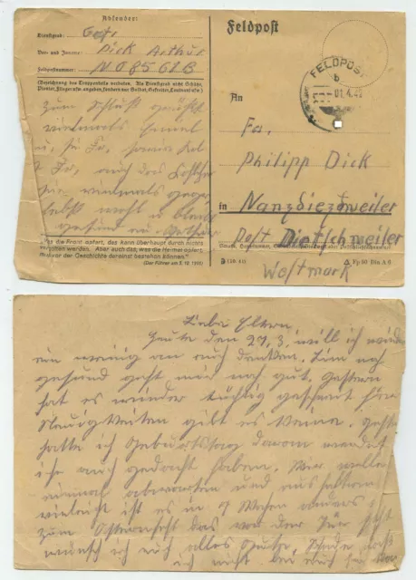 95144 - Feldpostkarte - 1.4.1942 nach Nanzdiezweiler