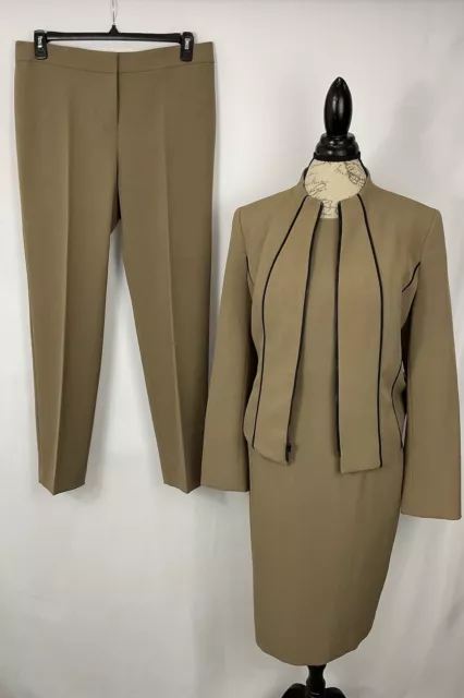 Kasper Size 12 Taupe Black Trim Sheath Dress & Jacket Size 10 Pants Career Suit