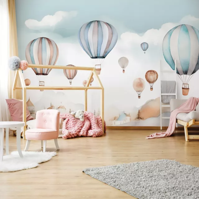 KINDERZIMMER MÄDCHEN AQUARELL LUFTBALLONS WOLKEN Kinder Fototapete TAPETE 84