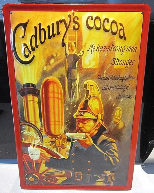 CADBURY'S COCOA :EMBOSSED(3D) METAL ADVERTISING SIGN 30x20cm FIREMAN & ENGINE