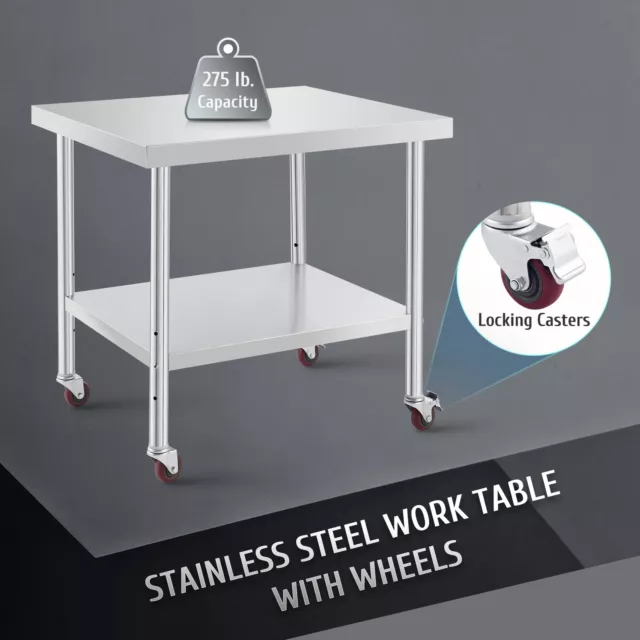 Commercial Stainless Steel Meal Prep Table w Shelf Casters Kitchen Table 36x30