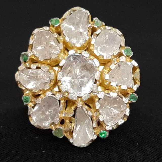 $1599 11.40ctw Old Rose Cut Diamond & Emerald 14K Yellow Gold Plated 925 Ring