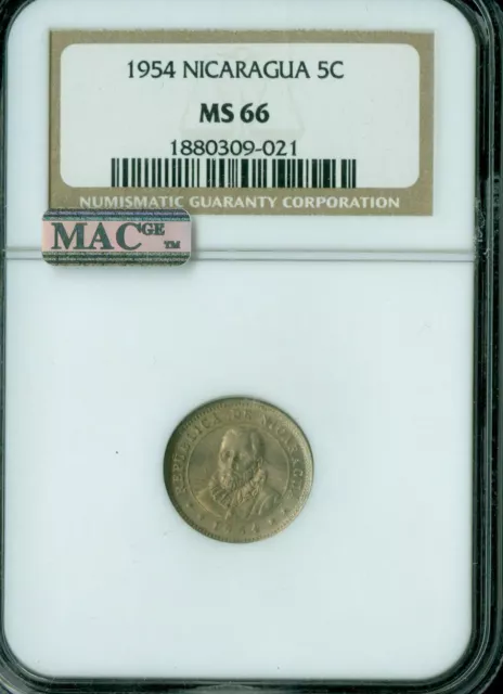 1956 Nicaragua 5 Centavos Ngc Ms66 Pq 2Nd Finest Grade Mac Spotless  *