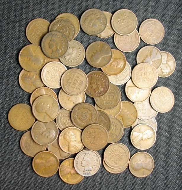 Roll Of (50) Teen Wheat & Indian Head Pennies 1800-1919 Pds Old Coin Collection
