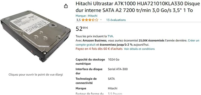 Disque dur Hitachi HUA721010KLA330 - 1 To - SATA - 3.5" - 7200 tours