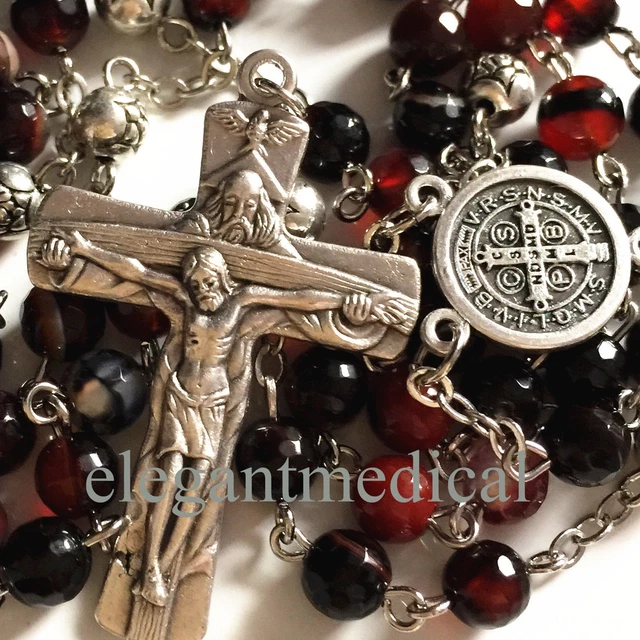 Agate & Tibet Silver Rose Bead catholic Rosary Necklace Italy Cross crucifix
