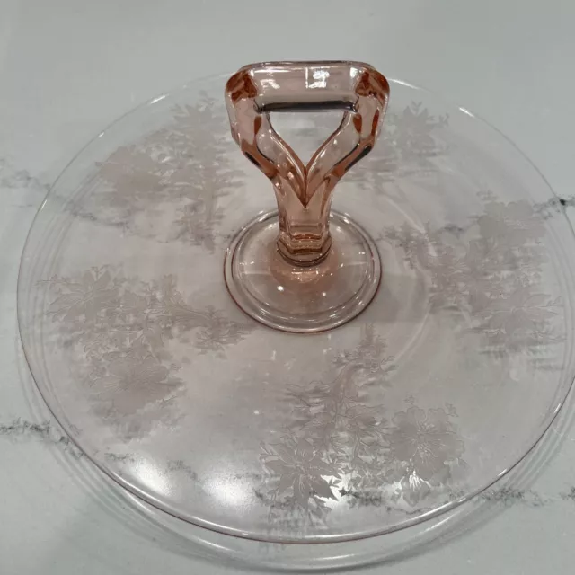 Vintage Pink Depression Glass Serving Tray / Tidbit Tray With Handle. Etched.