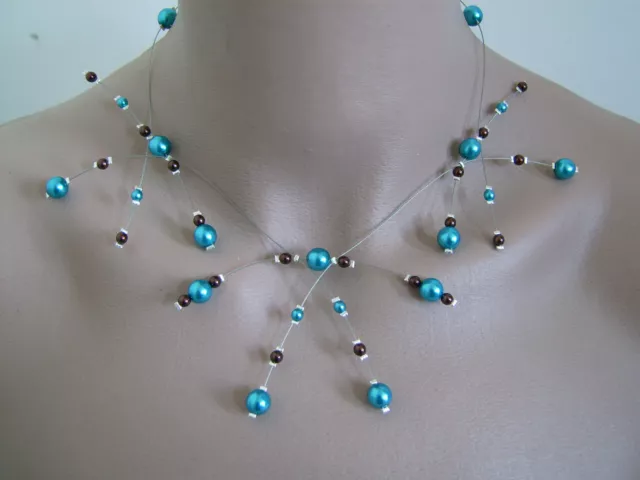 Collier original Bleu Turquoise/Chocolat  p robe de Mariée/Mariage/Soirée perle