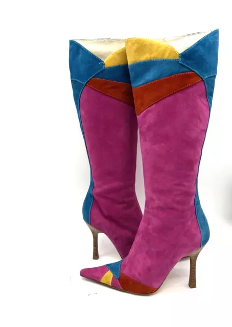 Steve Madden Y2K Stiletto Boots 7.5M Knee High Pink 90s Suede Colorblock Pointed