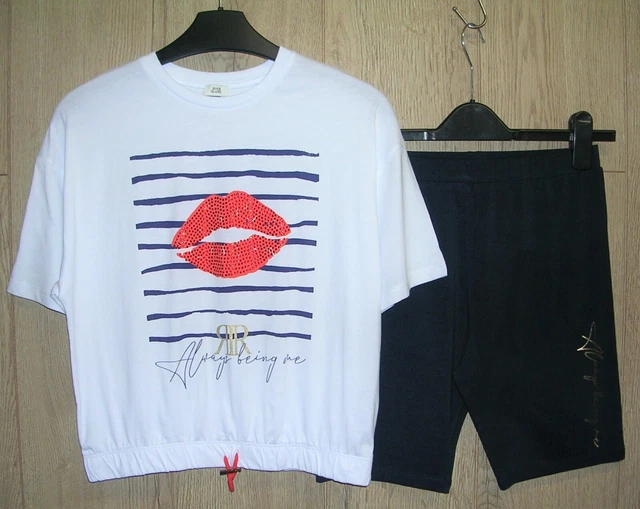RIVER ISLAND Girls White T-shirt Navy Cycling Short Set Outfit Age 11-12