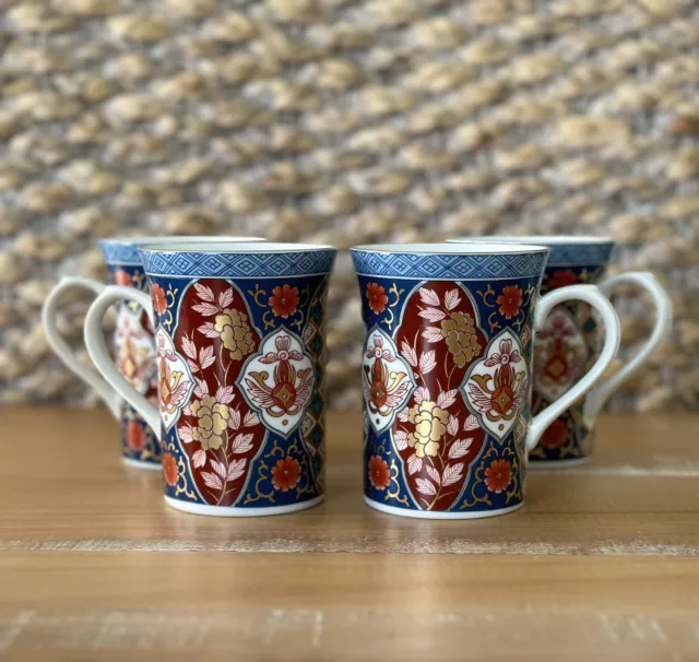 Set of 4 Smithsonian Institute Imari  Coffee Mugs 4 inch Tall Blue Red Teal Gold