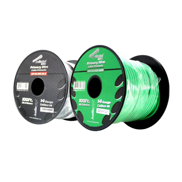 Paquete de 2 cables remotos de alimentación a tierra primaria Audiopipe 14ga 100 ft CCA negro/verde