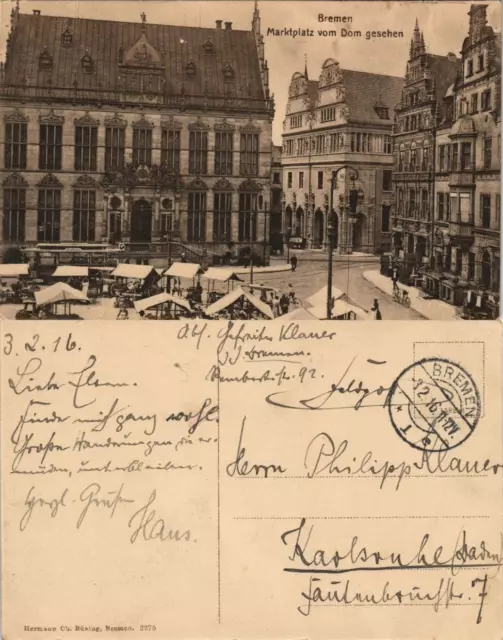 Bremen Marktplatz vom Dom aus gesehen 1916  im 1. WK als Feldpost gelaufen