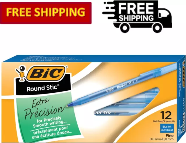 BIC Round Stic Xtra Precision Blue Ballpoint Pen Fine Point (0.8mm), 12-Count