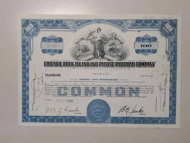 Chicago, Rock Island and Pacific Railroad Cancelled Stock Certificate