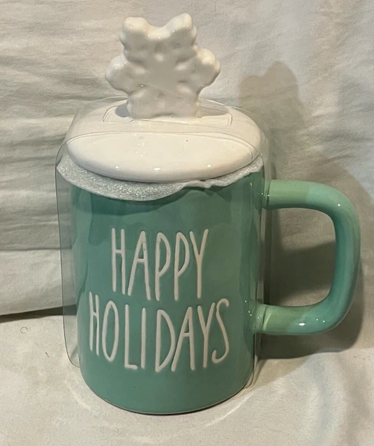 Rae Dunn Happy Holidays Mug  Mint w/Snowflake Topper NEW