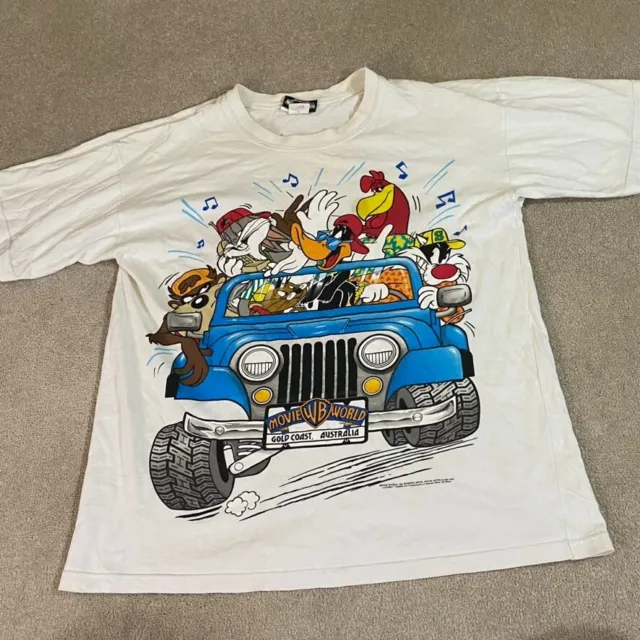 Vintage Warner Bros T Shirt Mens Large Movie World Looney Tunes 1993 Car Graphis