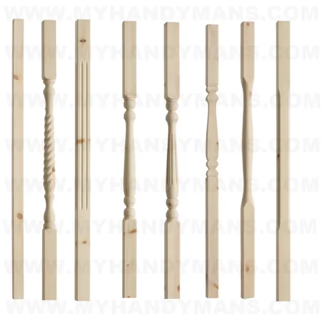 41mm Solid Pine Stair Spindles, Trad, Edwardian, Fluted, Twist, Provincial, 90cm