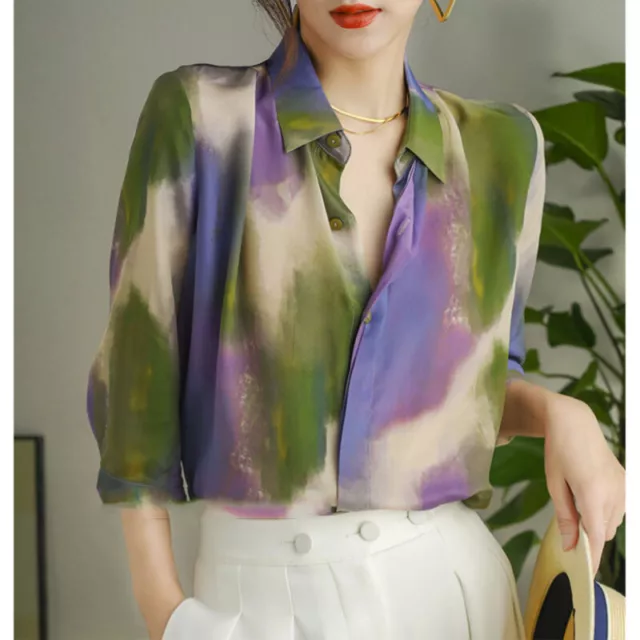 Fall Women Slim Fit Silk Shirt Lapel Long Sleeve Gradient Color Elegant Workwear