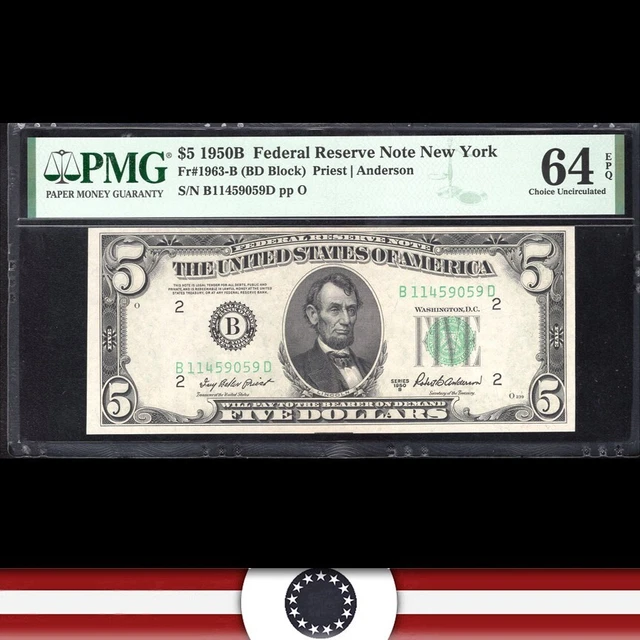 1950-B $5 NEW YORK FRN FEDERAL RESERVE NOTE PMG 64 EPQ Fr 1963-B 59059